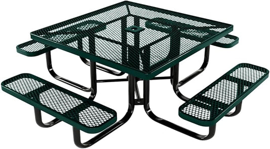 COATEDOUTDOORFURNITURE Heavy-Duty Portable Outdoor Kids Table with Umbrella Hole, Expanded Metal Kids Picnic Table, Commercial-Grade, Made in America (46 in, Square, Childrens, Textured Dark Green)