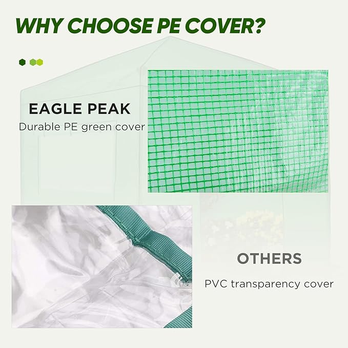 EAGLE PEAK Replacement Cover for 8x8 Portable Walk-in Pop up Greenhouse, Front and Rear Roll-Up Zipper Entry Doors and 2 Large Roll-Up Side Windows (Frame Not Included), Green