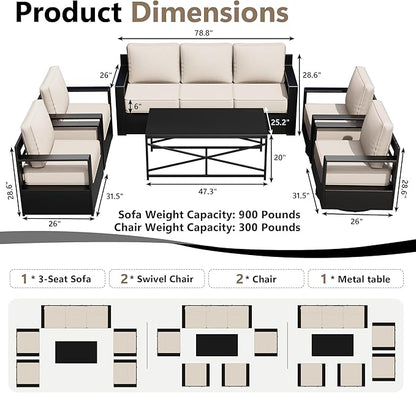 Outdoor Patio Furniture Set, 6-Piece Aluminum Patio Conversation Set All-Weather Metal Outdoor Sectional with 6 Inch Thick Cushions, Deep Setting for Garden, Outside and Porch