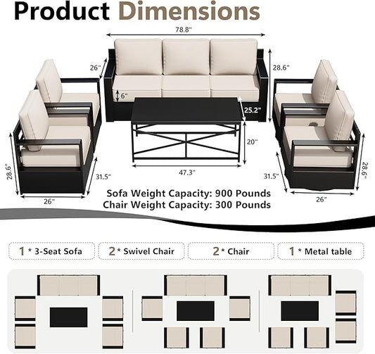 Outdoor Patio Furniture Set, 6-Piece Aluminum Patio Conversation Set All-Weather Metal Outdoor Sectional with 6 Inch Thick Cushions, Deep Setting for Garden, Outside and Porch