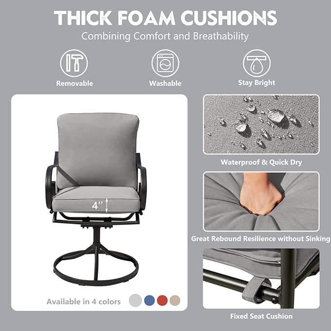 MELLCOM Patio Swivel Chair Set of 6, Heavy Duty Outdoor Dining Chairs with Thickened Cushions, Metal Patio Chairs Gentle Rocker for Outside, Garden Lawn & Porch, Backyard, Grey