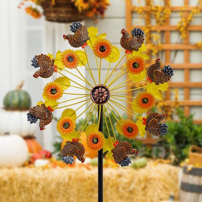 DREAMYSOUL Sunflower and Rooster Fall Wind Spinners, Outdoor Fall Decorations, Metal Kinetic Wind Spinners Chicken Farmhouse Garden Lawn Yard Decor, Fall Harvest Thanksgiving Gifts