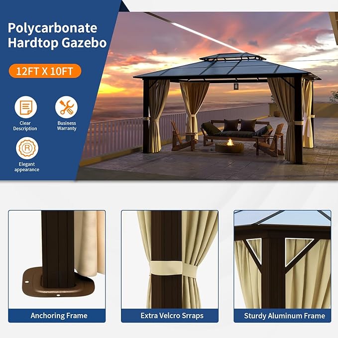 Hardtop Gazebo, 10FTx12FT Polycarbonate Double Top Canopy, Aluminum Frame Permanent Pavilion with Curtains and Netting, for Lawns, Patios, Gardens