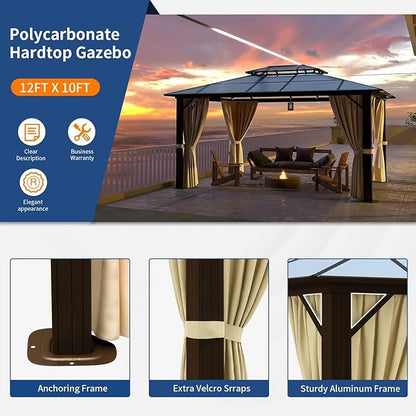 Hardtop Gazebo, 10FTx12FT Polycarbonate Double Top Canopy, Aluminum Frame Permanent Pavilion with Curtains and Netting, for Lawns, Patios, Gardens