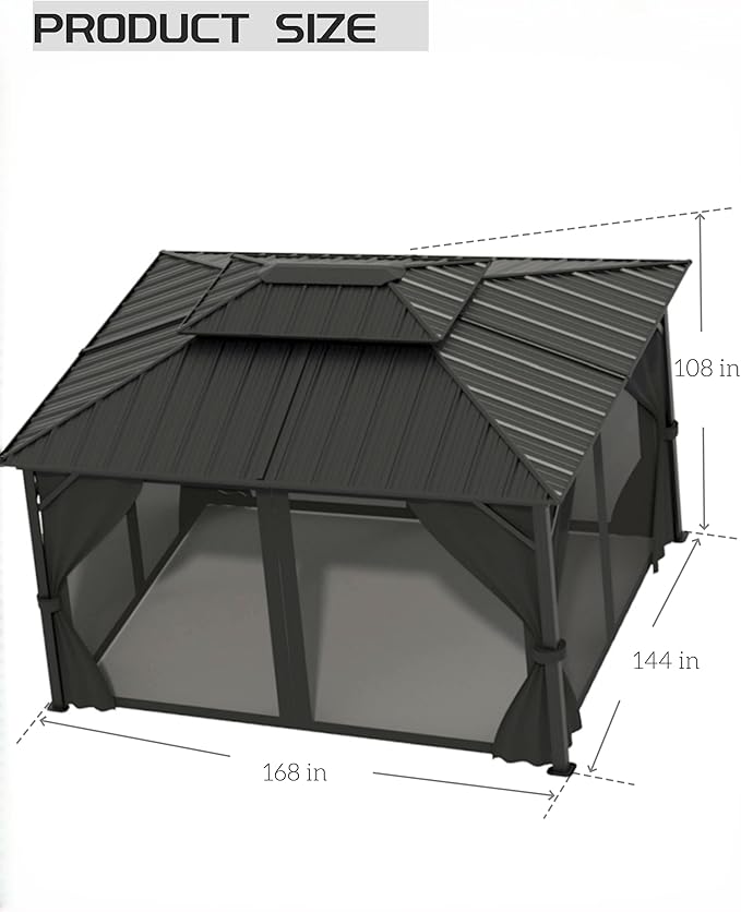 12x14 Ft Hardtop Gazebos with Heavy Duty Double Roof, Nettings and Curtains Galvanized Steel Outdoor Gazebos for Patio, Backyard, Deck, Lawn (Grey)