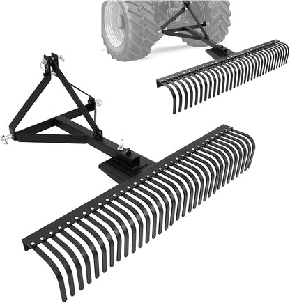 KUAFU 60" Landscape Rake, 3 Point Rake 360 Rotation Compatible with Category 1 Cat1 Compact Tractors Tow-Behind Garden Tool for Garden, Farm, Clearing Brush, Raking Arenas 2 Package Black