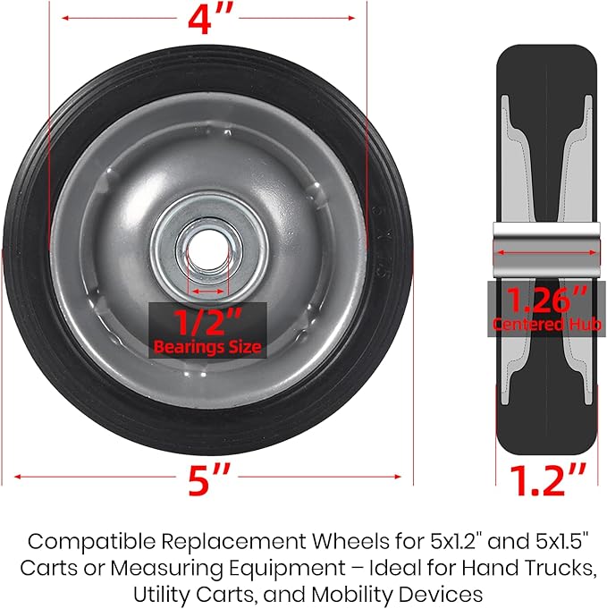 AR-PRO (2-Pack) 5" x 1.2" Flat Free Solid Rubber Wheel Assemblies - Replacement Hand Truck Wheels with Ball Bearings and 1/2" Bore Hole Diameter - Heavy-Duty Solid Rubber Tire 88 lbs Load Capacity