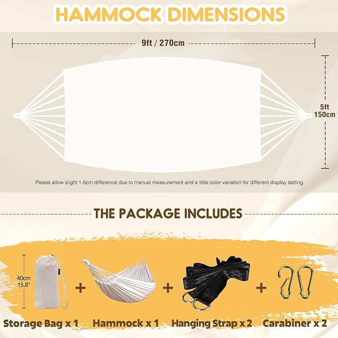 ANYOO Cotton Hammock Portable Camping Hammocks for Hanging Sturdy Garden Comfortable Fabric Hammock with Tree Straps Up to 660lbs with Travel Bag for Camping Outdoor/Indoor Patio Backyard