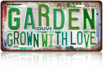 Vintage Garden Metal Tin Sign License Plate Wall Decor for Garden Lover 12 x 6 Inches - grown with love