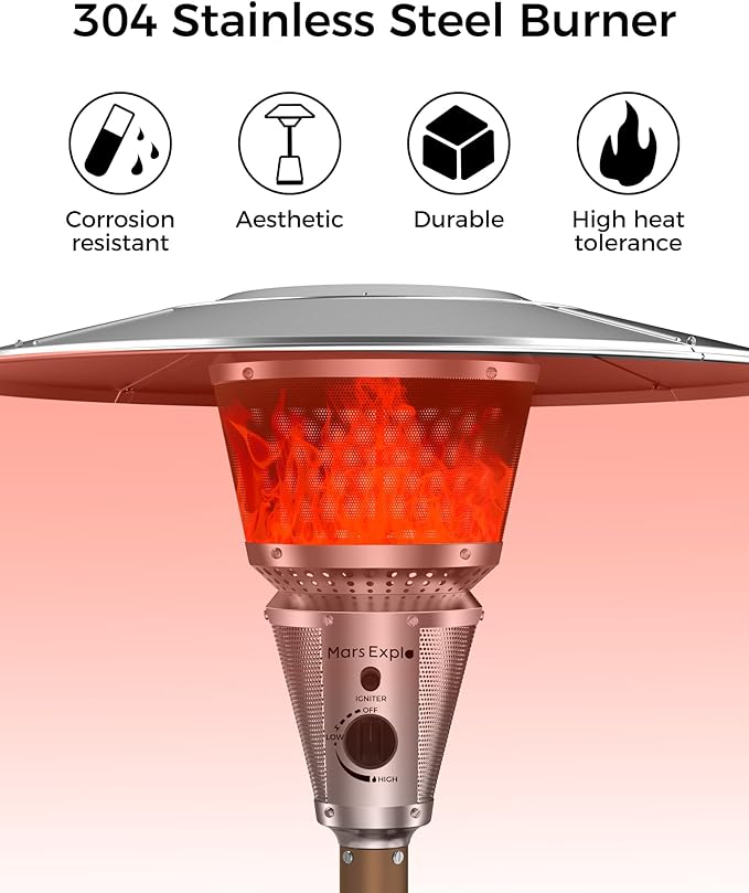 50,000 BTU Patio Heater for Outdoor Use With Adjustable Heat Focusing Top, Portable Propane Patio Heater with Wheels, Stainless Steel Burner for Porch Deck Garden (Brown)