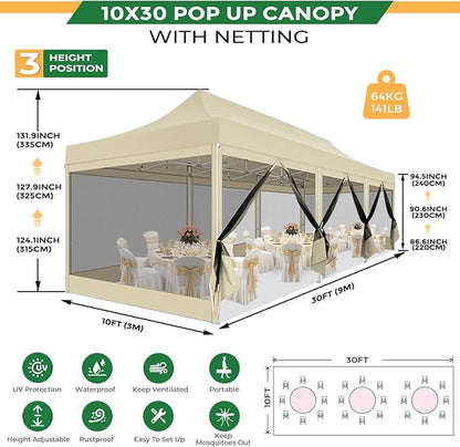 COBIZI 10x30 Heavy Duty Pop Up Canopy Tent with 8 Sidewalls, Commercial Gazebo Party Tent with Mosquito Netting Wall Easy Set Up Outdoor Instant Screen Tent for Backyard, Patio, Garden, Khaki
