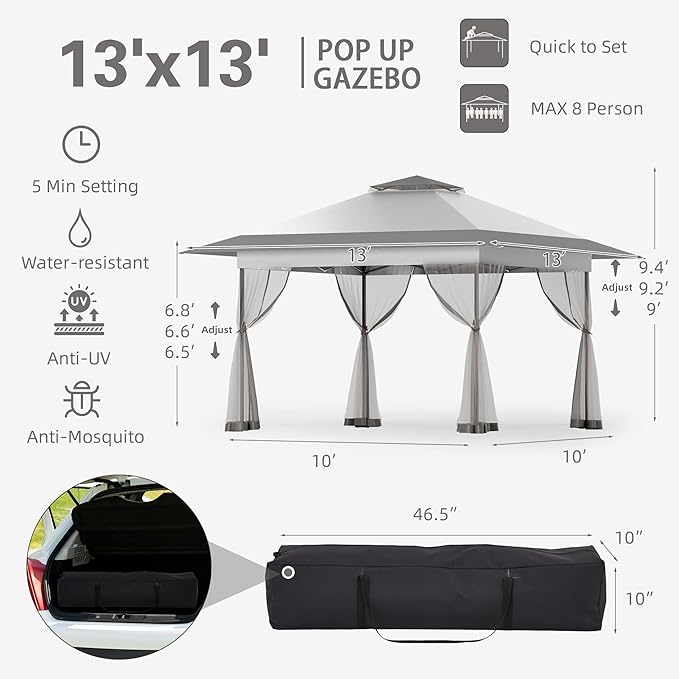 Bezseller 13x13 Pop Up Gazebo Tent with Mosquito Netting – Quick Set Up, Water-Resistant Outdoor Canopy for Patio, Garden, Backyard, and More,Light Grey