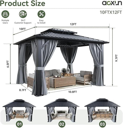 Aoxun Hardtop Gazebo 10x12, Aluminum Frame Canopy with Double Galvanized Steel Roof, Outdoor Gazebo with Breathable Netting and Privacy Curtain for Backyard, with Ground Nails