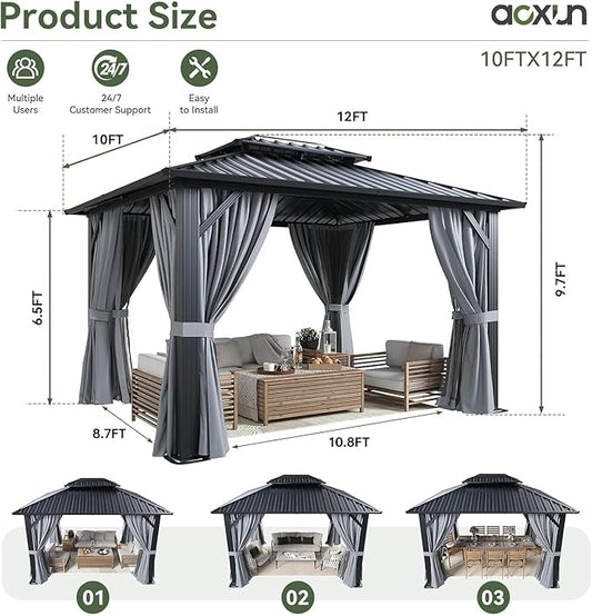Aoxun Hardtop Gazebo 10x12, Aluminum Frame Canopy with Double Galvanized Steel Roof, Outdoor Gazebo with Breathable Netting and Privacy Curtain for Backyard, with Ground Nails