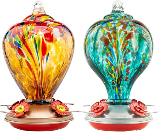 2 Packs Hummingbird Feeder for Outdoors Hanging Ant and Bee Proof, 34OZ 32OZ Hand Blown Glass Hummingbird Feeders for Outside (Yellow & Teal)