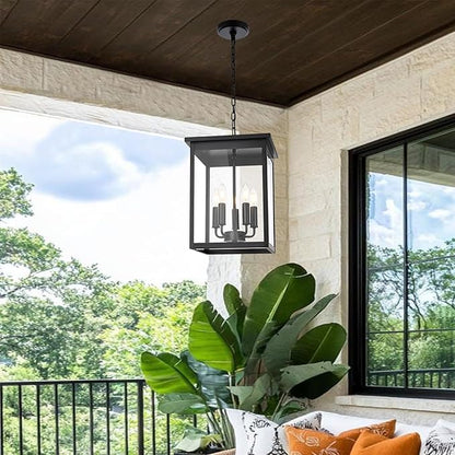 5 Lights Outdoor Pendant Light, Black Outside Chandelier, Exterior Hanging Fixture, Ceiling Mount with Clear Glass Shade Hanging Lantern Light Adjustable Pendant Light for Outdoor Hallway