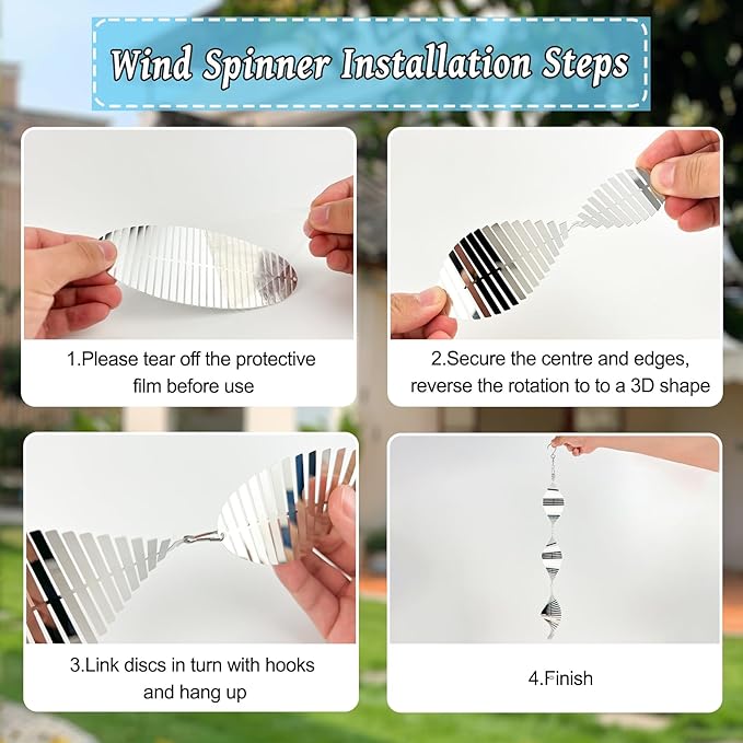 DELAVIDA Stainless Steel Bird Scare Devices, 3D Wind Spinners Outdoor, 9 Discs Set, Reflective Decor to Keep Swallow Pigeon Sparrow Away from House Patio Garden (Fish Bone)