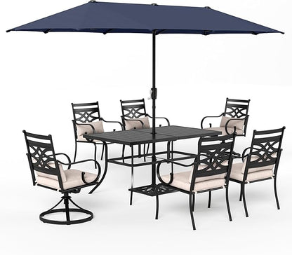 Sophia & William Patio Dining Set for 6 | 13ft Patio Umbrella NavyBlue | 4 Fixed Chairs | 2 Swivel Patio Dining Chairs | Removable Seat Cushions | Black 59" Patio Dining Table
