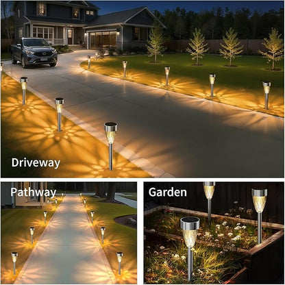 Solar Pathway Lights Outdoor, 8 Pack Stainless Steel Waterproof Solar Lights for Outside, Auto On/Off Warm White Garden Light for Yard, Lawn Driveway Landscape Backyard Walkway