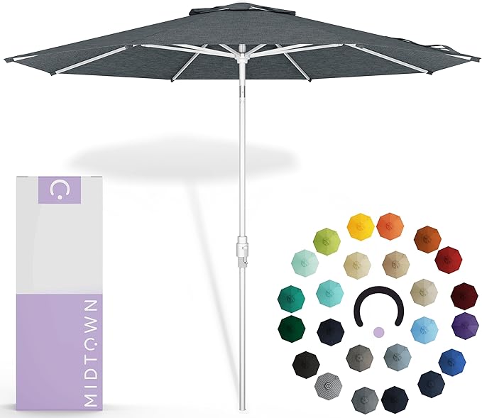 Midtown Umbrellas The Swilt 10 Feet Patio Umbrella in Sunbrella Cast Slate Acrylic Fabric - Fiberglass Ribs, Auto-Tilt Aluminum Frame For Backyard, Deck, Garden, Pool - White Pole
