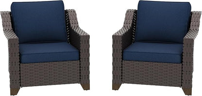 Patio 2 Pieces Chairs Set of 2 with Removable and Washable Covers，Outdoor PE Rattan Wicker Armchairs with Water-Resistant Cushions for Porch, Balcony, Sunroom (Navy Blue)