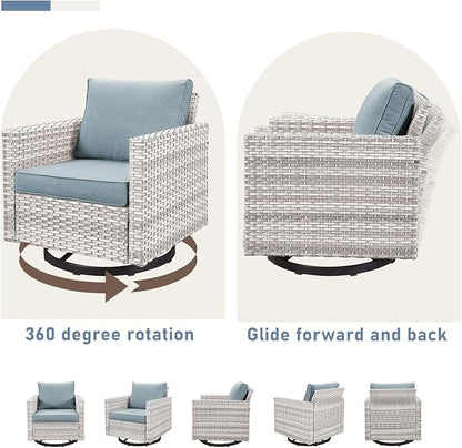 Wicker Outdoor Swivel Chairs Set of 4 with Fire Pit Table, 5 Pieces Patio Furniture Set with Fire Pit Table for Yard, Deck, Garden, Light Beige/Light Blue