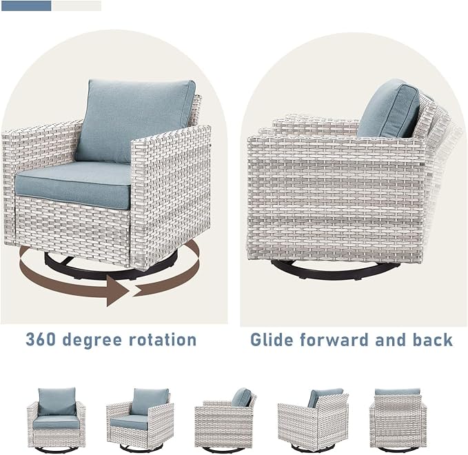 Outdoor Swivel Chairs Set of 4: Wicker Swivel Rocker Patio Chairs Set of 4, Swivel Rocker Outdoor Chair, Wicker Patio Furniture Sets, LightGrey/LightBlue