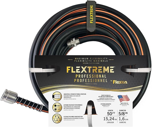 Flexon Flextreme Pro 5/8" x 50ft Performance Rubber Garden Hose – Heavy-Duty, Kink-Resistant, All-Weather Flexibility, Industrial-Grade Couplings, Durable Outdoor Watering Hose for Lawn & Garden