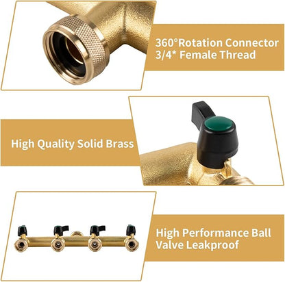Heavy Duty Solid Brass 4 Way Hose T Tap Connection with 4 Individual On/Off Valve and Extended Handle, Garden Outdoor Pipe Tap Splitter