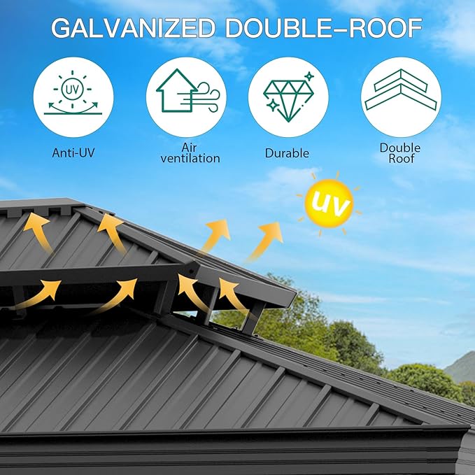 14'x12' Hardtop Gazebo, Heavy Duty Aluminum Permanent Hardtop Gazebo Outdoor Pavilion with Curtains and Netting for Garden (Gray, 14'x12')