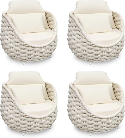 Patio Accent Chairs Set of 4: Aluminum Porch Lounge Chair with Arms - Woven Rope Cushioned Armchair - Modern One Seater Sofa - Outdoor Deck Furniture for 400lbs Balcony Yard Garden Hotel, Beige