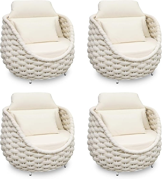Patio Accent Chairs Set of 4: Aluminum Porch Lounge Chair with Arms - Woven Rope Cushioned Armchair - Modern One Seater Sofa - Outdoor Deck Furniture for 400lbs Balcony Yard Garden Hotel, Beige