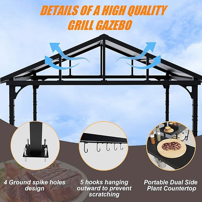 Gotland 8' x 5' Grill Gazebo, Outdoor Metal BBQ Gazebo with Triangular Structure Roof & Drainage Holes, Grill Canopy with 2 Side Shelves, for Deck Lawn Backyard