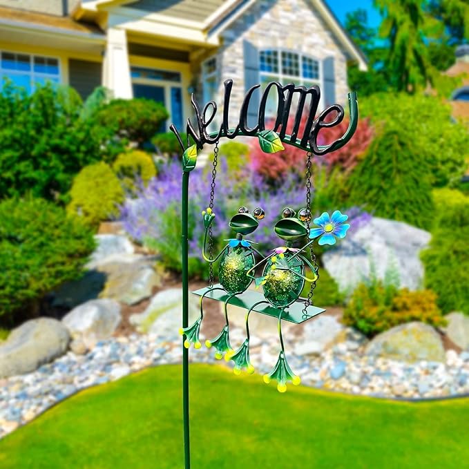 HONGLAND Outdoor Garden Solar Lights,Frog Swing Garden Decor,Frog Decorative Stake with Welcome Sign for Landscape Patio Yard (48 inch)