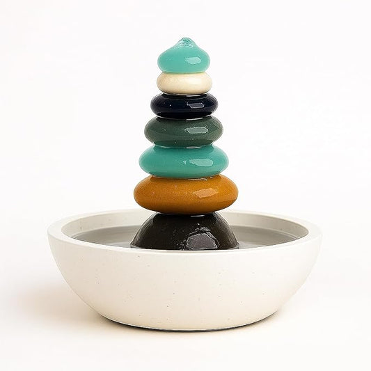 Natural Septuple Rock Cairn Water Fountain with Glass - Indoor Tabletop Water Fountain - Natural Stone & Recycled Glass Water Feature for Home and Office Decor