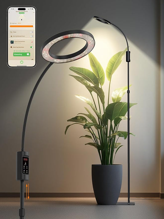 Smart Grow Lights for Indoor Plants,24W Plant Light with Auto-Timer,Full Spectrum LED Grow Light, Adjustable Height & Stepless Dimming,Plant Assistant Suitable for Most Plants (Black, 24W)