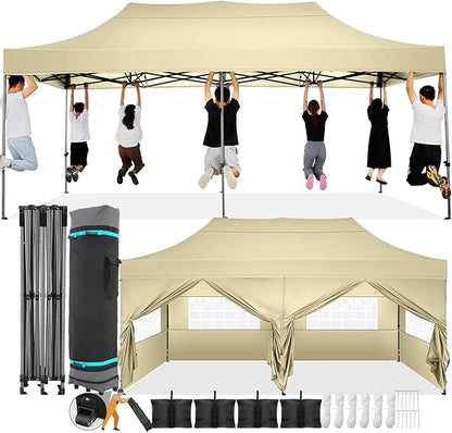 COBIZI 10x20 Pop Up Canopy with 6 Sidewall,Heavy Duty Canopy UPF 50+ All Season Wind Waterproof Commercial Outdoor Wedding Party Tents for Parties Gazebo with Roller Bag(10 x 20 ft Khaki)