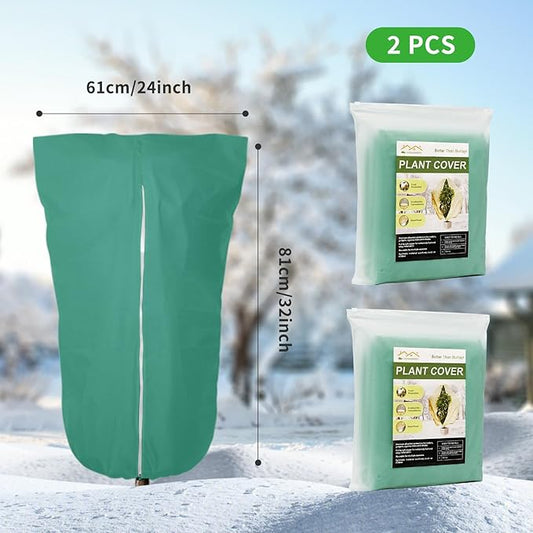2 Pack 24"x32" Winter Plant Cover Freeze Protection, 3 oz/yd² Warm Shrub Cover with Zipper Drawstring, Frost Cloth Blankets for Fruit Tree Potted Plants Garden Cold Weather Protector
