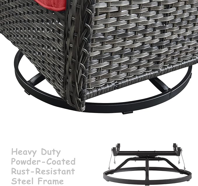 HUMMUH 3-Piece Swivel Rocking Rattan Chair Outdoor, Patio Bistro Furniture Conversation Set, Cushioned Wicker Chair with Glass Coffee Table