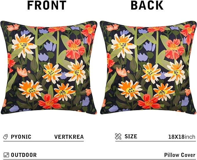 Pyonic Outdoor Pillows Waterproof Cover Pack of 2 Floral Waterproof Throw Pillows 18x18 inch for Patio Furniture Garden Furniture