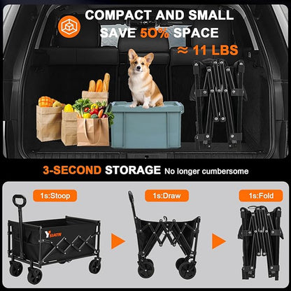 Collapsible Wagon Cart Foldable with 350lbs Weight Capacity, Lightweight Utility Shopping Cart with Wheels, Folding Grocery Wagon Carts Portable for Beach Garden Sports and Camping, Black