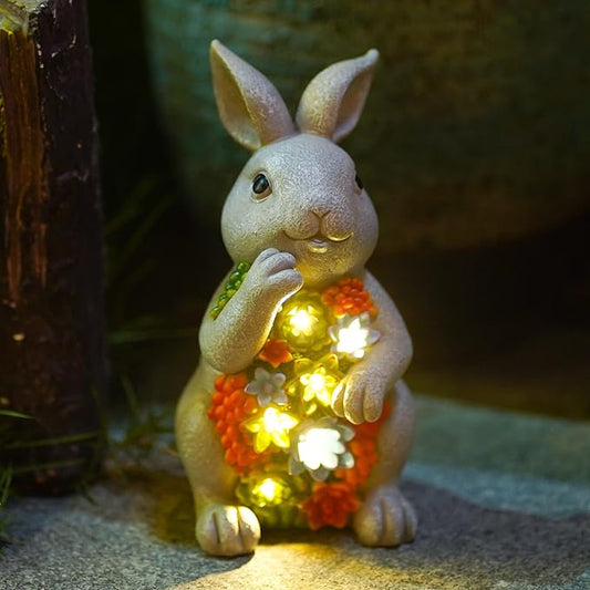 Nacome Garden Outdoor Statues Bunny with Succulent and 7 LED Lights – Lawn Decor for Patio, Balcony, Yard Ornament - Unique Housewarming Gifts