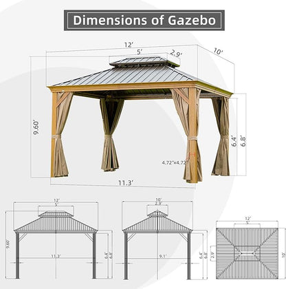 Domi Outdoor Living 10’x12’ Hardtop Gazebo, Wooden Coated Aluminum Frame Canopy with Galvanized Steel Double Roof, Outdoor Permanent Metal Pavilion with Curtains and Netting for Patio, Deck and Lawn
