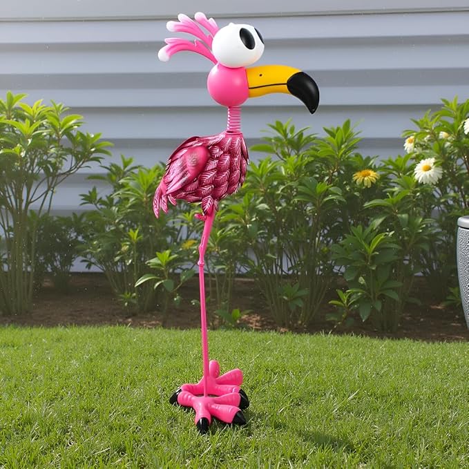 25'' Tall Flamingo Garden Statue, Metal Flamingo Outdoor Staute Waterproof, Pink Flamingo Yard Art Sculptures Decor for Yard, Lawn, Patio, Backyard
