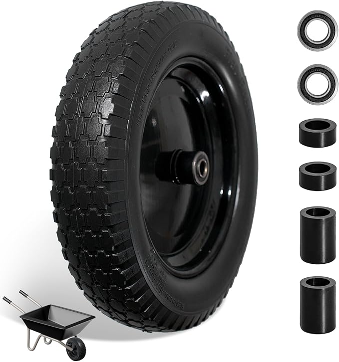 Wheelbarrow Tire 4.80/4.00-8 Flat Free Solid Tire Wheel 14.5 Inch, Replacement Heavy Duty Wheel, with 5.8" and 3.4" Bearings 3" Center Hub, fits Garden Cart, Dolly, Hand Truck, Trailer, Wagon, 1 Pcs