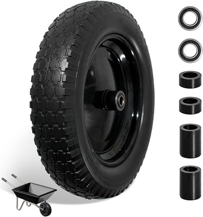 Wheelbarrow Tire 4.80/4.00-8 Flat Free Solid Tire Wheel 14.5 Inch, Replacement Heavy Duty Wheel, with 5.8" and 3.4" Bearings 3" Center Hub, fits Garden Cart, Dolly, Hand Truck, Trailer, Wagon, 1 Pcs