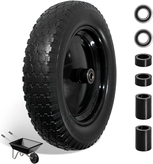 Wheelbarrow Tire 4.80/4.00-8 Flat Free Solid Tire Wheel 14.5 Inch, Replacement Heavy Duty Wheel, with 5.8" and 3.4" Bearings 3" Center Hub, fits Garden Cart, Dolly, Hand Truck, Trailer, Wagon, 1 Pcs
