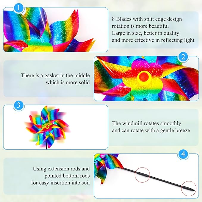 6Pcs Sparkly Pinwheels for Yard and Garden, Reflective Colorful Wind Spinners Yard Decorations Outdoor Windmill, 9.5in Garden Pinwheels to Scare Birds