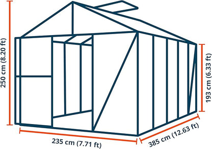 Greenhouse Diamas 23 Premium 7.7 x 12.6 ft with Approx. 16 mm Polycarbonate Panels, Natural Aluminum Color