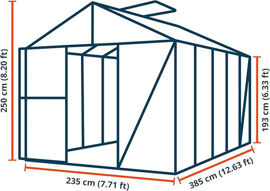 Greenhouse Diamas 23 Premium 7.7 x 12.6 ft with Approx. 16 mm Polycarbonate Panels, Natural Aluminum Color, with 2 Automatic Vent Openers